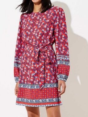 Loft Red & Blue Floral Long Sleeve Shift Dress